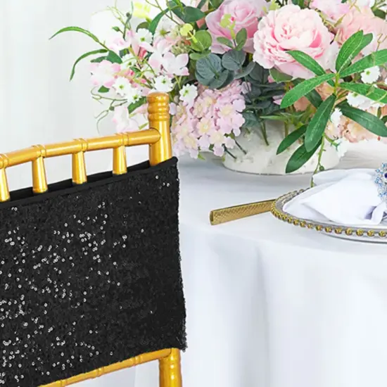 10 Pieces Sleek Black Sequin Stretch Spandex Chair Bands 7 x 13 Inches {5}