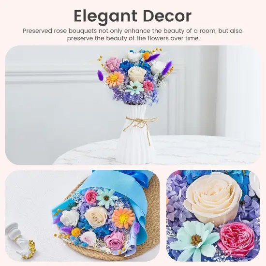 Flowers Bouquet (Pink Champagne White Roses, Blue Paper) {3}