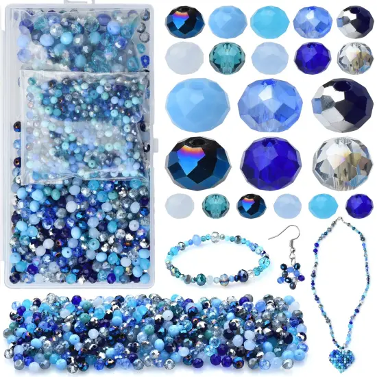 KINGSHINE 4/6/8mm Crystal Glass Beads,3 Sizes Total 1000pcs Faceted Briolette Rondelle Beads with Container,Loose Spacer Beads for DIY Beading Projects,Earrings,Necklaces(Blue Color) {6}