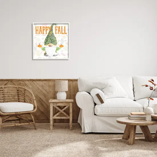 Happy Fall Patterned Gnome Holding Orange PumpkinsFramed Giclee Art White {2}