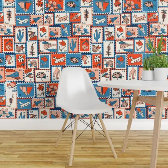 Peel & Stick Wallpaper 2FT Wide Vintage Retro Novelty Mail Stamps Letters Postage Eclectic Stamp Collection Red And Blue Writing Flowers Train Plane Birds Boats Unique Custom Removable Wallpaper by Spoonflower {1}
