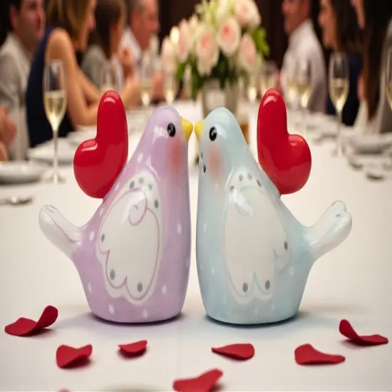 Ceramic Lovebirds with Heart Salt and Pepper Shakers, Romantic Kitchenware, Valentines Day Tableware Decor, Wedding Gift Idea, Anniversary Gift Idea {3}