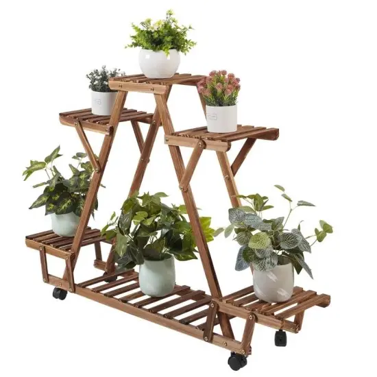 Dark Brown Solid Wood 4 Tier Plant Stand with Wheels and Shelves {1}