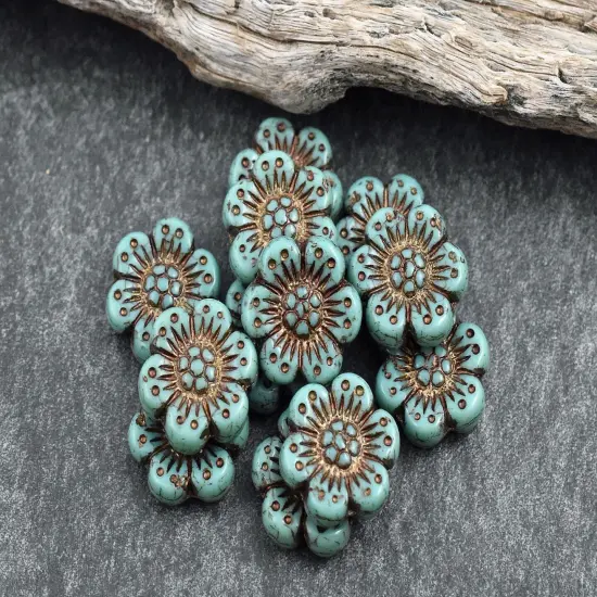 *12* 14mm Dark Bronze Washed Turquoise Wildflower Beads {3}
