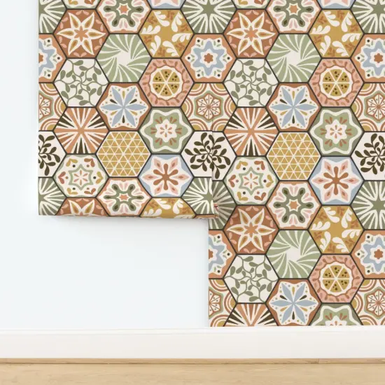 Pre-Pasted Wallpaper 2FT Wide Mosaic Faux Tile Hexagon Geometric Olive Salmon Blue Earth Tones Lemon Botanical Leaves Shapes Stars Retro Orange Kitchen Bathroom Custom Pre-pasted Wallpaper by Spoonflower {2}