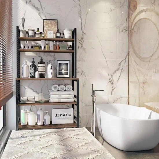 Rustic Brown Wood and Metal Kitchen Baker&rsquo;s Rack with 5 Shelves and Large Countertop {4}