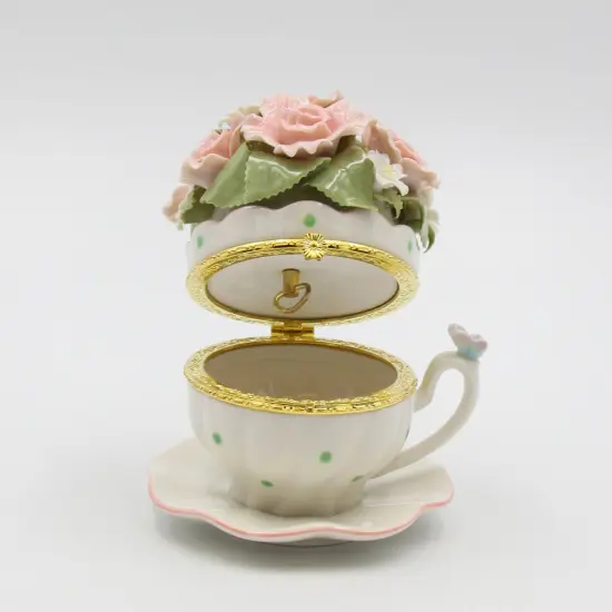Cup and Saucer Shaped Hinge Box with Pink Flowers Music Box, Home Décor, Gift for Her, Gift for Mom, Mother's Day Gift {3}