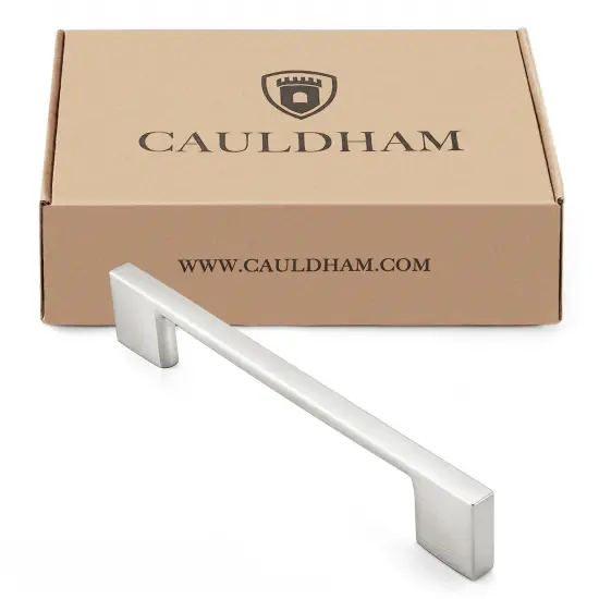 Cauldham Solid Kitchen Cabinet Pulls Handles (5" Hole Centers) - Modern Thin Profile Drawer/Door Hardware - Style M255 - Satin Nickel {4}