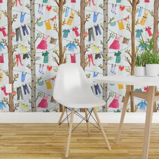 Pre-Pasted Wallpaper 2FT Wide Whimsical Laundry Clothes Trees Clothesline Room Dress Shorts Shirt Bathing Suit Colorful Stockings Playful Home Maker Socks Bikini Rustic Custom Pre-pasted Wallpaper by Spoonflower {1}