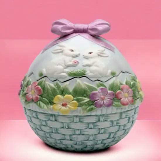 Ceramic Egg Shaped Cookie Jar with Bunny Rabbits and Flowers, Gift for Her, Gift for Mom, Kitchen D&eacute;cor, Spring D&eacute;cor, Easter D&eacute;cor {2}