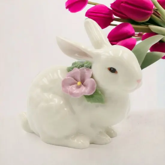 Ceramic Bunny Rabbit with Pink Pansy Flower Figurine, Home D&eacute;cor, Gift for Her, Gift for Mom, Kitchen D&eacute;cor, Spring D&eacute;cor, Easter D&eacute;cor {2}