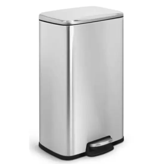 Silver Stainless Steel 8-Gallon Trash Can with Step-On Lid and Slow-Close Mechanism {1}