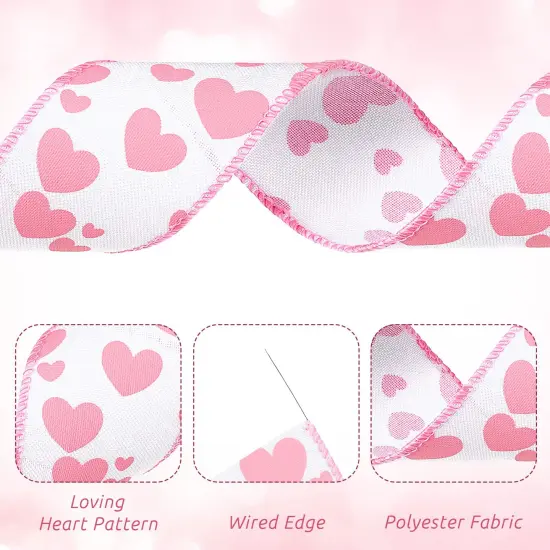 2 Rolls 12 Yards Valentine's Day Burlap Wired Ribbon Heart Printed Love Ribbon Edge Ribbon 2.5 Inch Patterned Hearts for Favor Wrapping Wreaths Craft Prensent Wrapping Decorative Bow (Pink and White) {5}