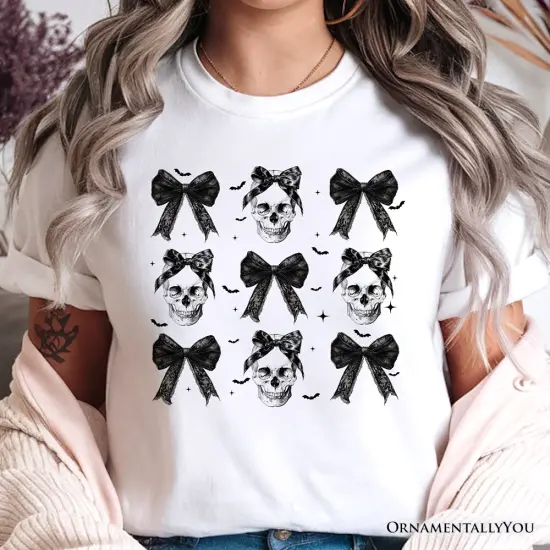 Coquette Skulls and Bows T-Shirt, Gothic Halloween Tee for Stylish Women {5}