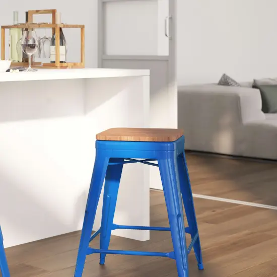 Merrick Lane Dalton Series Backless Metal Dining Stool with Wooden Seat for Indoor Use Blue {3}