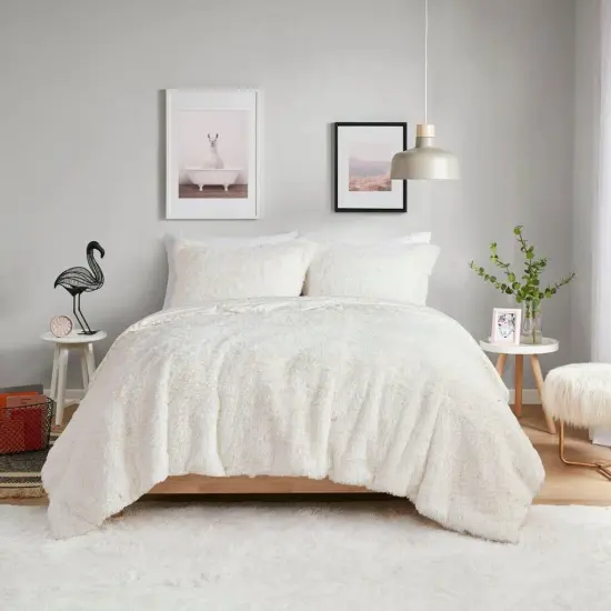 Ivory Sherpa Faux Fur Reversible Comforter Set Full Queen 3 Piece {1}