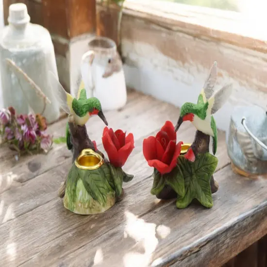 Ceramic Mini Hummingbird with Red Rose Flower Candle Holder (Set of 2), Birdwatcher Gift, Home Decor, Table Decor, Gift for Her, Gift for Mom {1}