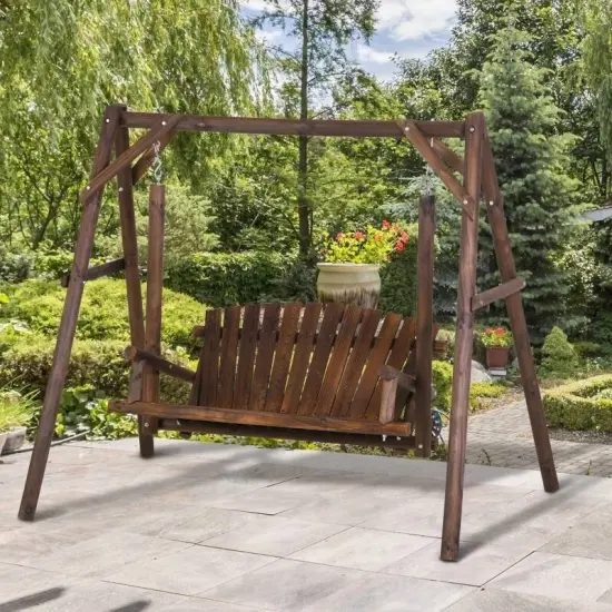 Rustic Log A-Frame 2-Seat Wooden Swing Bench for Backyard Patio {2}