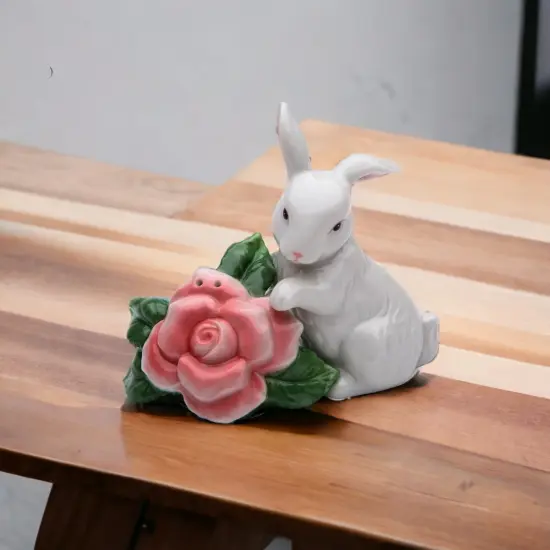 Ceramic Rabbit With Rose Flower Salt & Pepper Shakers, Home D&eacute;cor, Gift for Her, Gift for Mom, Kitchen D&eacute;cor, Spring D&eacute;cor, Easter D&eacute;cor {2}