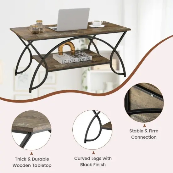 Rustic Brown Wooden 2-Tier Coffee Table with Storage Shelf and Steel Frame for Living Room {3}
