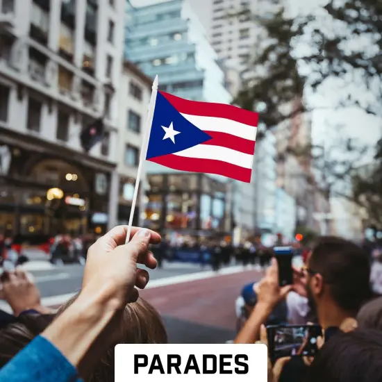 G128 12 Pack Handheld Puerto Rico Puerto Rican Stick Flags | 4x6 In | Printed 150D Polyester, Country Flag, Solid Plastic Stick, Spear White Tip {4}