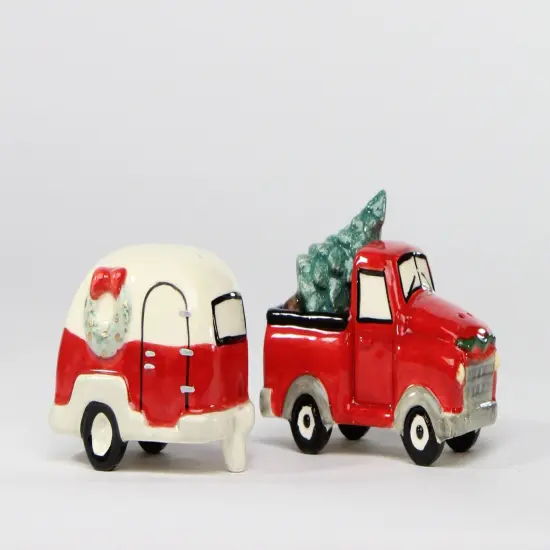 Ceramic Red Truck with Christmas Tree & Trailer Salt And Pepper Shakers, Home D&eacute;cor, Gift for Her, Gift for Mom, Kitchen D&eacute;cor {2}