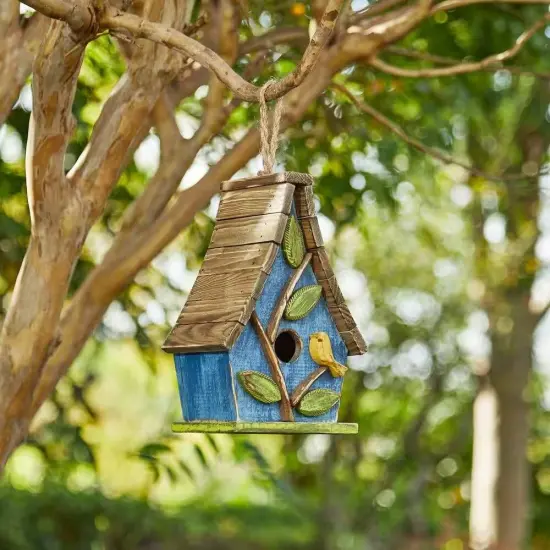 Blue-Green Metal and Wood Farmhouse Hanging Birdhouse with 3D Flowers, Clean out Panel {2}