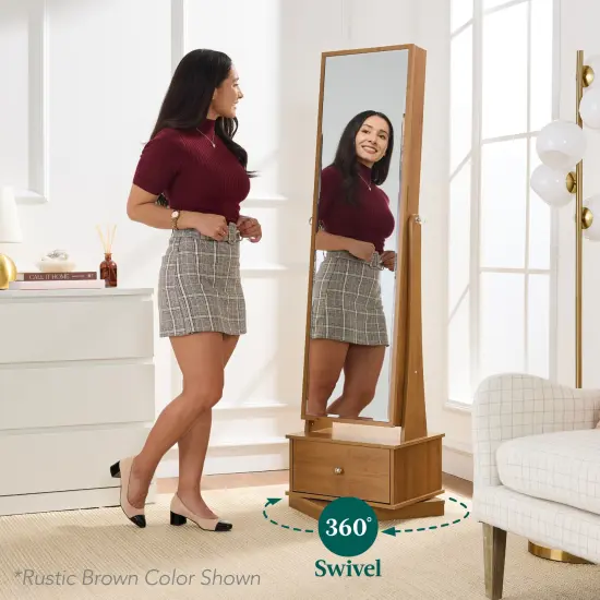 Best Choice Products 360 Swivel Standing Mirrored Jewelry Cabinet, LED-Lit Makeup Organizer w/ Mirror Walnut {2}
