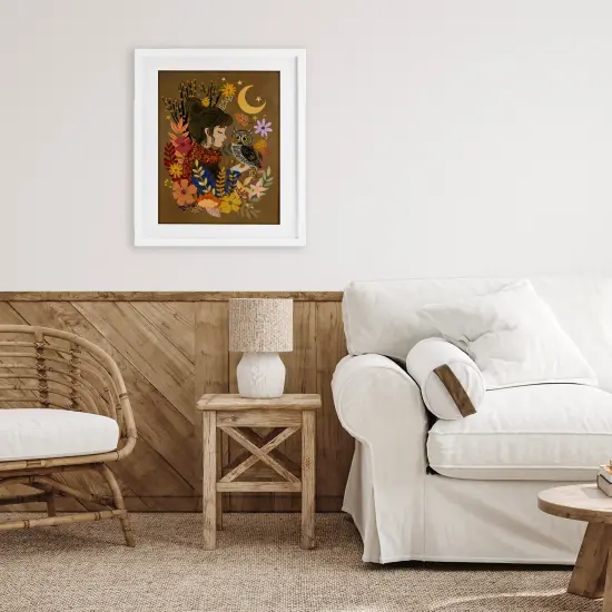 Autumn Owl & Girl Framed Print Under Glass Art Black {8}