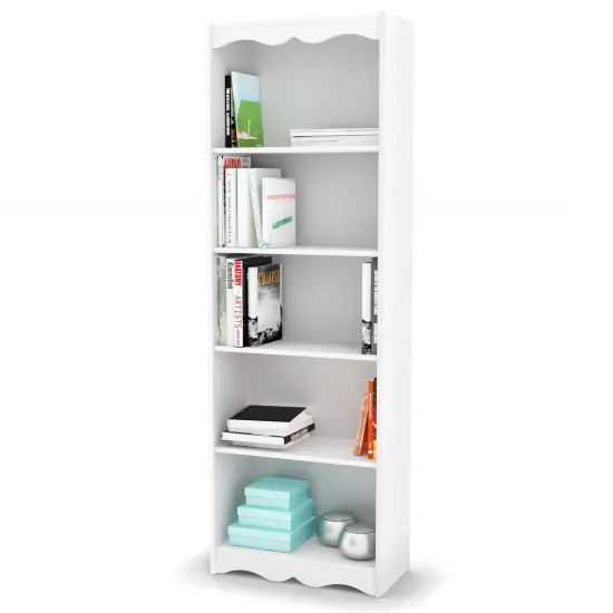 72" White Wood Bookcase with 5 Removable-Adjustable Shelves and Open Back Soft Arch Accents {1}
