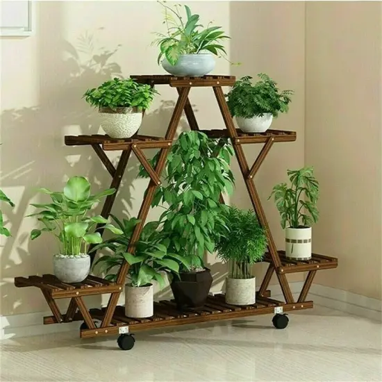 Dark Brown Solid Wood 4 Tier Plant Stand with Wheels and Shelves {4}