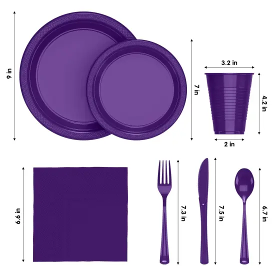 Exquisite 182 Pcs Plastic Plates for Party &ndash; Disposable Plates Set &ndash; 26 Each of 9" Dinner Plates, 7" Dessert Plates, Plastic Cups, Napkins & Plastic Cutlery &ndash; Plastic Dinnerware by Party Solids Purple {2}