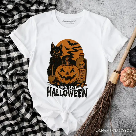 Long Live Halloween T-Shirt, Retro Black Cat Pumpkin Tee for Horror Fans {6}