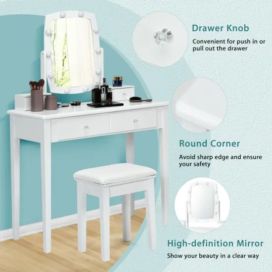Costway Vanity Table Set with Lighted Mirror Adjustable 10 Bulbs Dresser 4 Drawer {6}