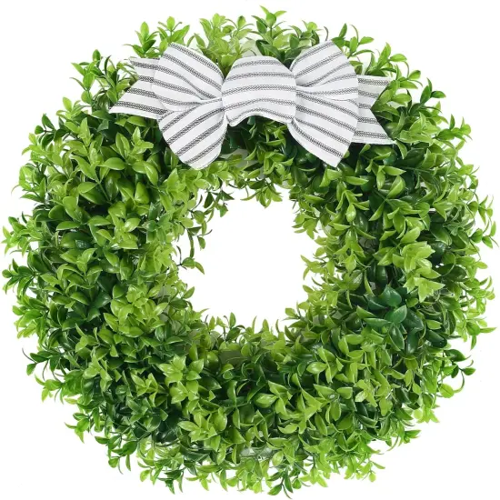 18" Faux Round Boxwood Wreath, Artificial Boxwood Wreath Front Door Wreaths Artificial Spring Summer Greenery Hanging with A Plaid Bow and sash for Front Door Wall Hanging Window Wedding Decor {1}