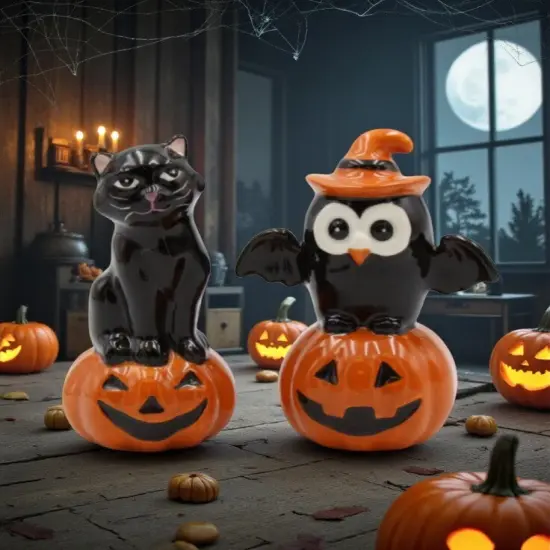 Ceramic Halloween Decor Black Owl And Black Cat On Pumpkin Salt And Pepper, Home D&eacute;cor, Gift for Her, Mom, Kitchen D&eacute;cor, Fall D&eacute;cor {1}