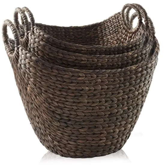 Casafield Set of 3 Multipurpose Boat Baskets with Handles, Woven Water Hyacinth Storage Organizers for Throw Blankets, Bedroom, Living Room, Laundry {3}