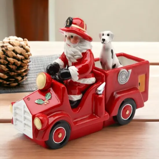 Ceramic Santa On A Firetruck Salt and Pepper Shakers with Box (Set Of 3), Home D&eacute;cor, Gift for Firefighter, Christmas D&eacute;cor {2}