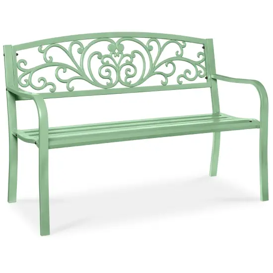 Best Choice Products Outdoor Steel Bench Garden Patio Porch Furniture w/ Floral Design Backrest Mint Green {1}