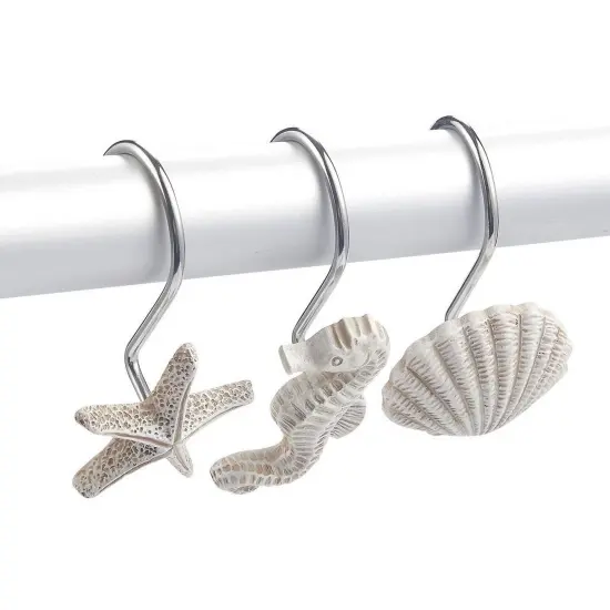 12-Pack of Beach-Themed Shower Curtain Stainless Steel Hooks, Decorative Seashell Coastal Shower Hooks for Bathroom Decor with Seahorses, Starfish, and Seashells White {6}