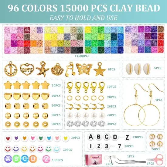 15000PCS Clay Beads 96 Colors Friendship Bracelet Making Kit 4 Boxes Polymer Clay Beads Disc Clay Beads with Charms for Jewelry Making,Crafts Gifts {1}