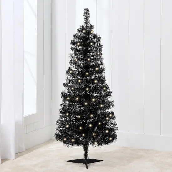 4ft Pre Lit Christmas Tree Mini Artificial Tree with Twinkling LED Lights for Bedroom or Apartment Black {1}