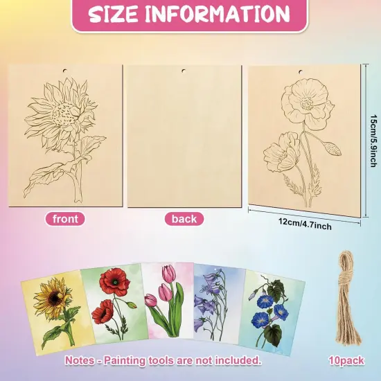 10 Pieces Large Flowers Unfinished Wood Crafts to Paint for Adults and Kids, Bulk Predrilled Wooden Ornaments for Painting, Tulips Flower Paintable Wood Slices Craft Supplies with Ropes {6}