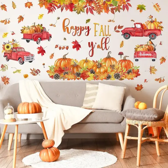 Happy Fall Yall Wall Decals Trucks Autumn Pumpkin Maple Wall Stickers {2}