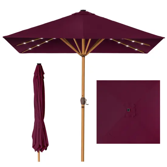 Best Choice Products 9ft Deep Square Solar LED Lighted Patio Umbrella w/ Faux Wood Texture, UV-Resistant Burgundy {1}
