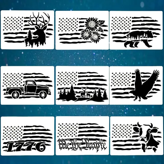 9 Pcs American Flag Stencils (8.3"x11.7") {1}