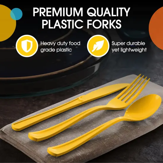 Exquisite Polished Plastic Silverware &ndash; 150 Pcs Heavy Duty Cutlery Set &ndash; 50 Each of Forks, Knives & Spoons &ndash; Disposable Utensil Set for Parties, Events & Catering &ndash; Flatware Set by Party Solids Yellow {4}
