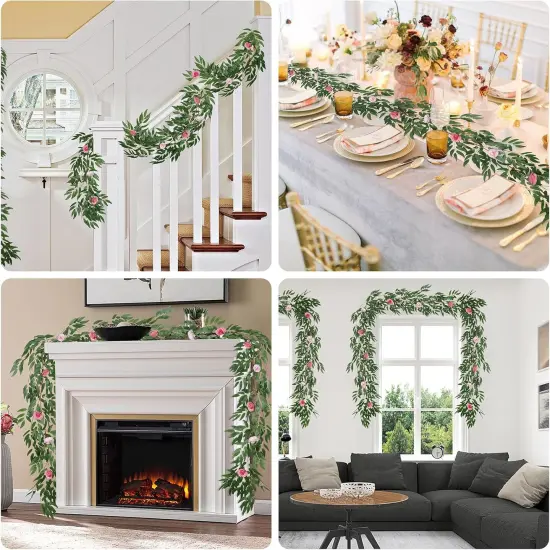 Artificial Hanging Willow Leaves Vine Twigs Whit Roses Flower 2Pc 5.7Ft Faux Ivy Plant Silk Green Leaf Rose Floral Garland Greenery Indoor Outdoor Wedding Jungle Birthday Party Garden Decor {3}