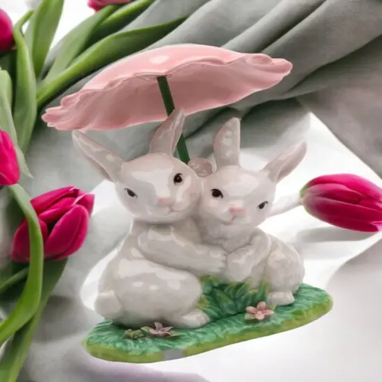 Ceramic Bunny Rabbits Sharing a Flower Umbrella, Home D&eacute;cor, Gift for Her, Gift for Mom, Kitchen D&eacute;cor, Spring D&eacute;cor, Easter D&eacute;cor {2}