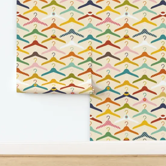 Pre-Pasted Wallpaper 2FT Wide Retro Fashion Novelty Whimsical Polka Dots Clothes Hangers Pink Yellow Orange Flower Check Colorful Doily Lace Laundry Room Closet Clothing Custom Pre-pasted Wallpaper by Spoonflower {2}